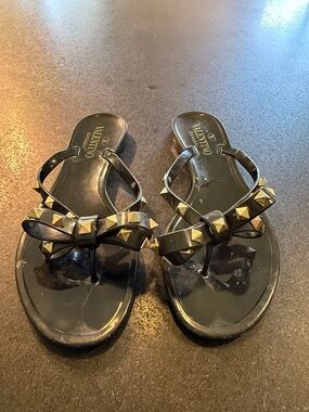 Valentino Black Jelly Bow Thong Sandals with Gold Rockstuds